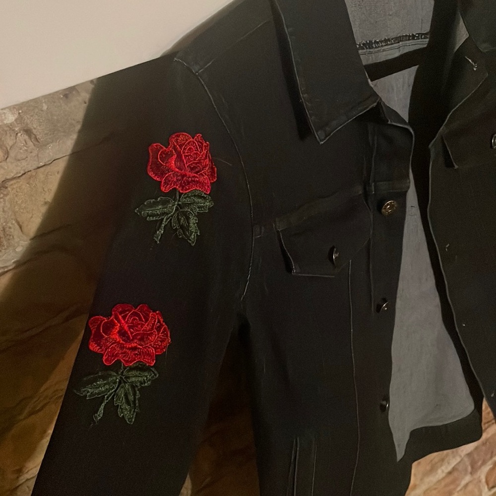 jean jacket with roses on both arms